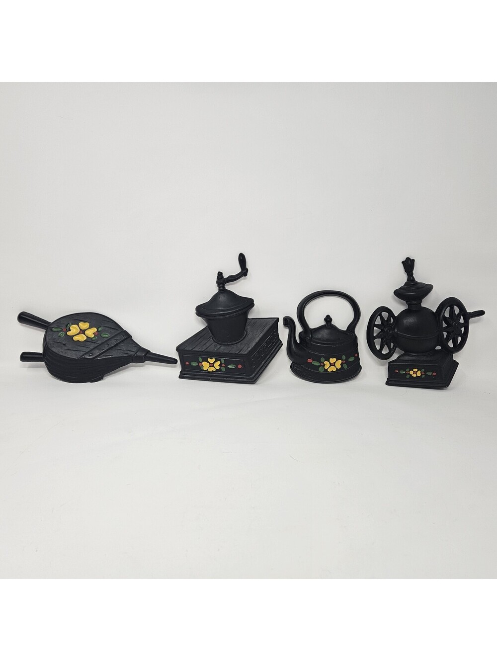 Vntg Lot 4 Midwest #37 Black Metal Kitchen Wall Plaque Set Coffee Grinder Kettle
